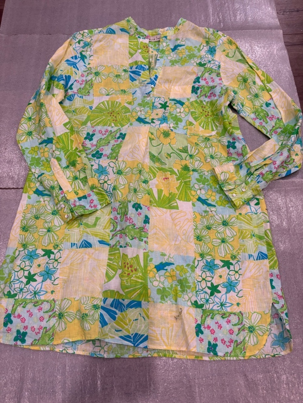 Sacré Saison Floral Patchwork Linen Blend Tunic Yellow Green Spring Shift Dress